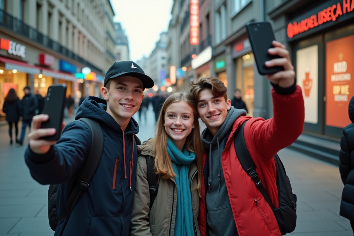 Trois adolescents prenant un selfie dans la rue urbaine