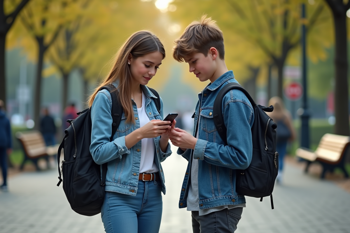 Deux adolescents dans un parc regardant leurs téléphones