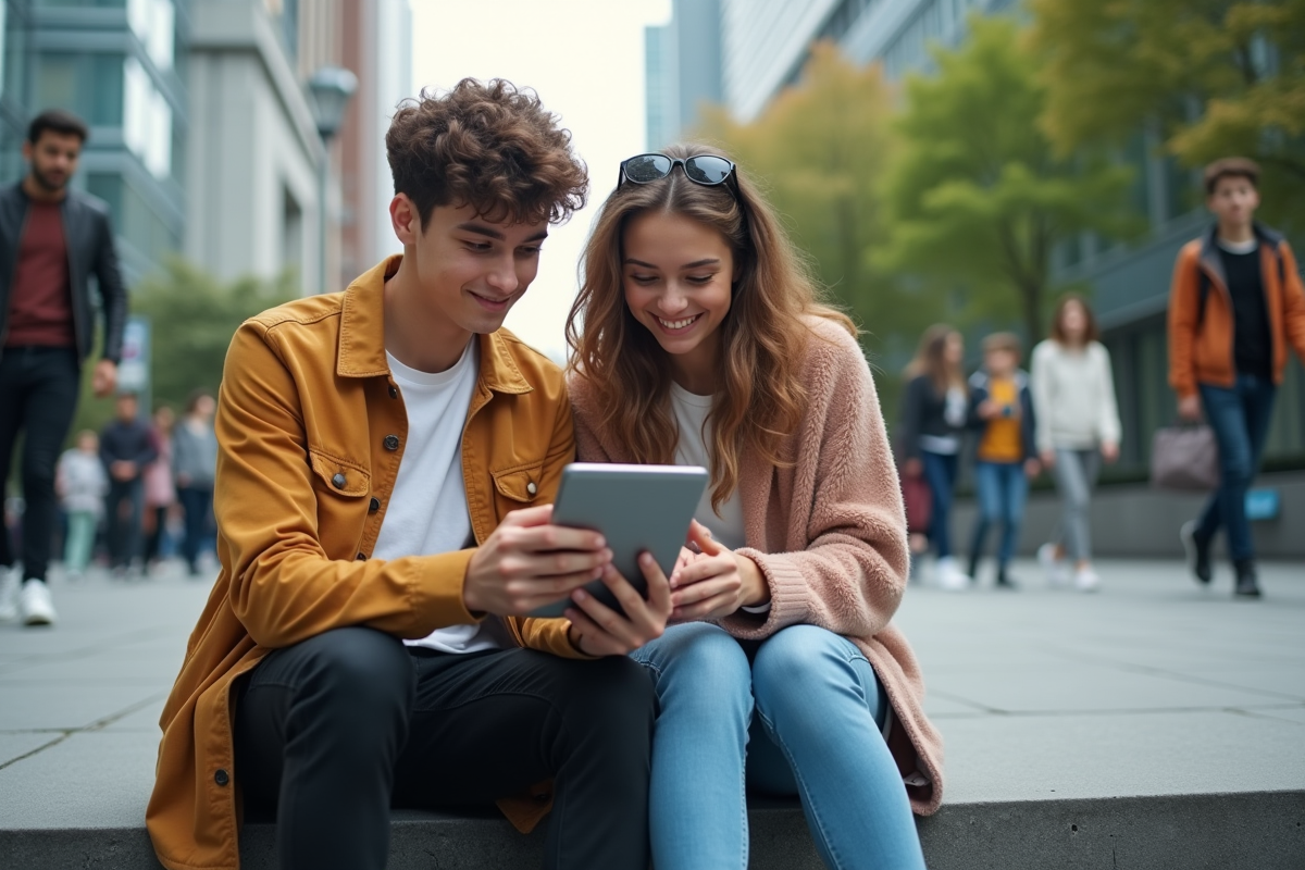 Deux adolescents discutant mode sur un banc de parc