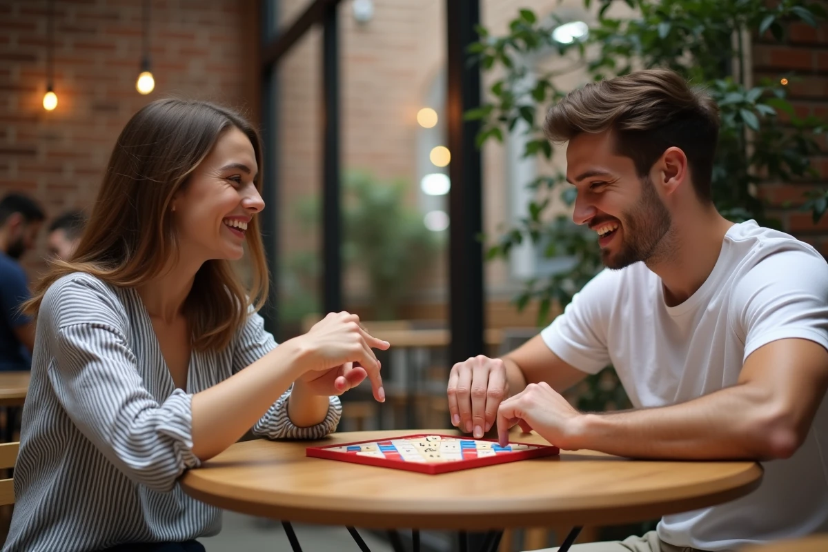 Deux amis jouant au Scrabble dans un café urbain en cherchant des mots à trois lettres avec W et Z