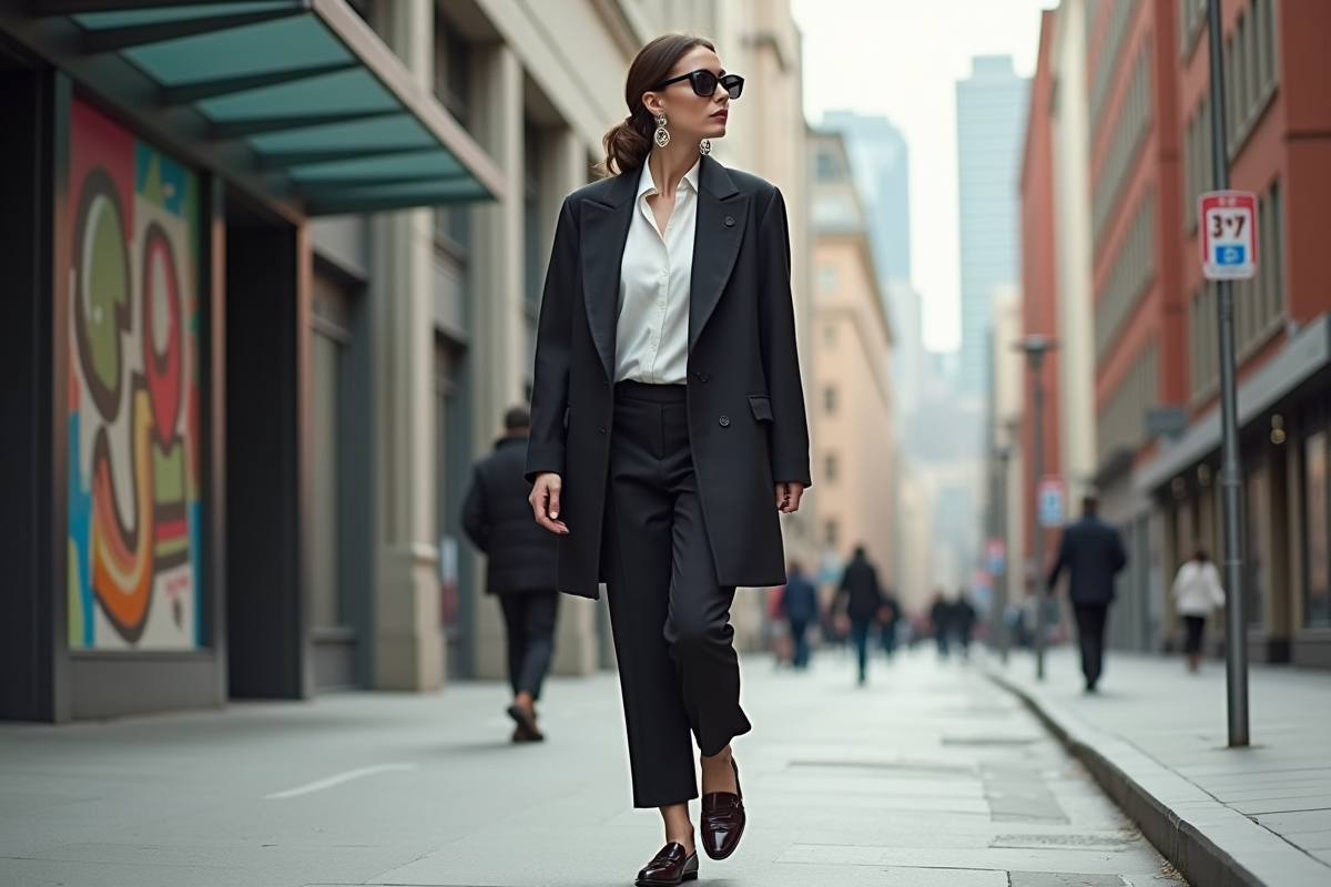 Femme artiste en blazer dans une rue urbaine dynamique