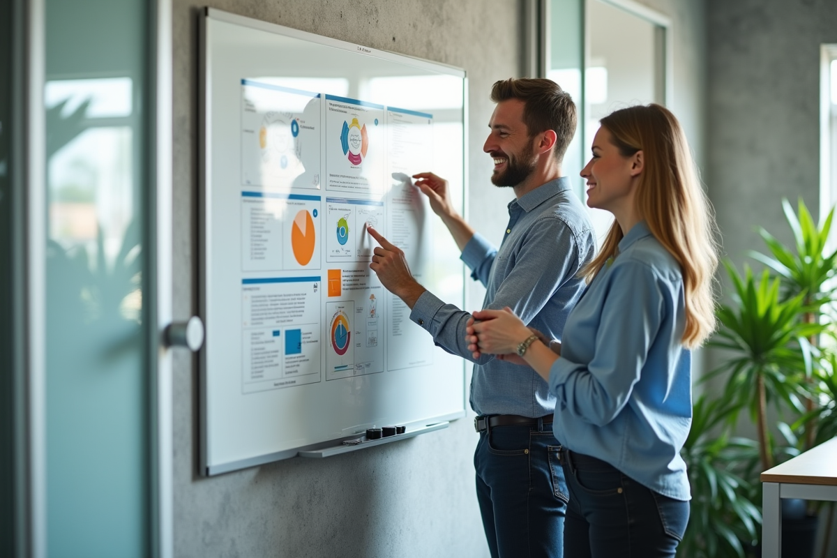 Collègues discutant devant un tableau blanc