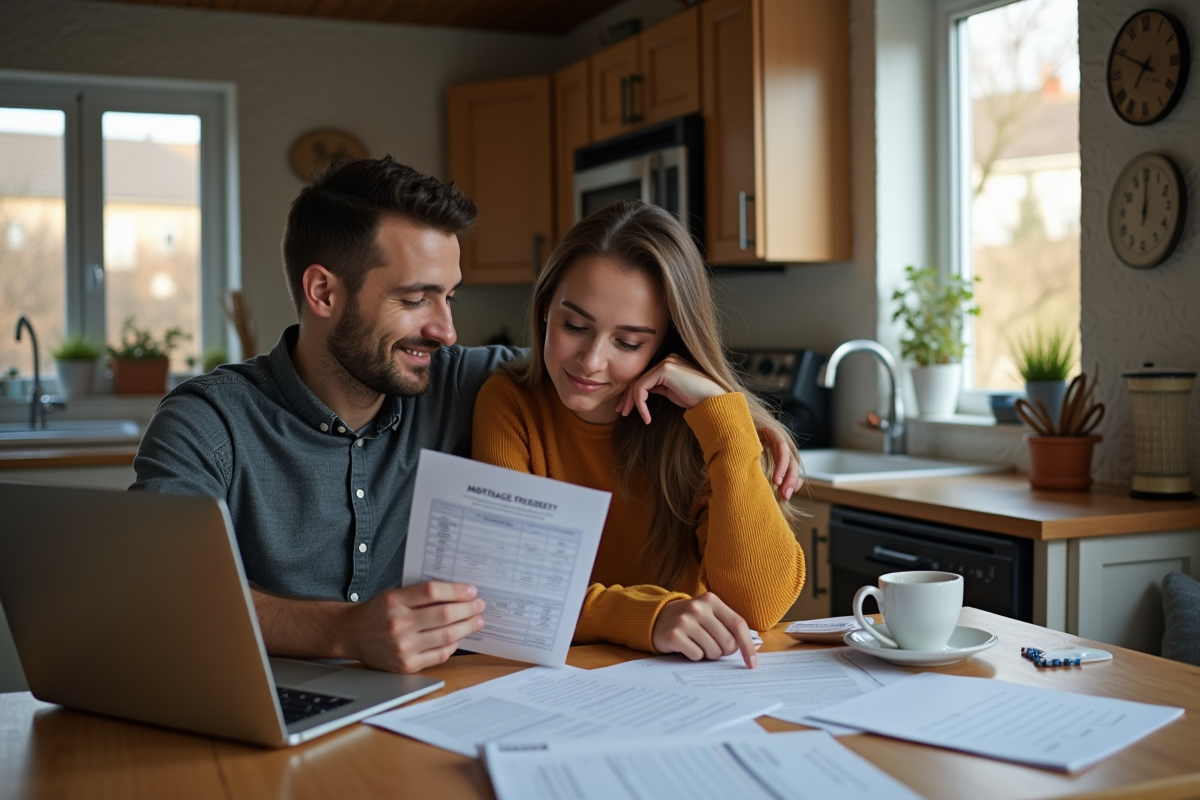 Jeune couple discutant de documents de prêt immobilier à la maison
