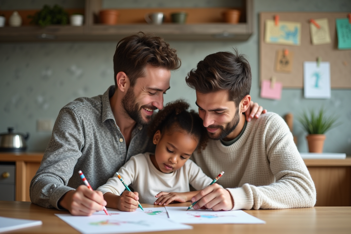 Couple homosexuel dessinant avec leur fille à la maison