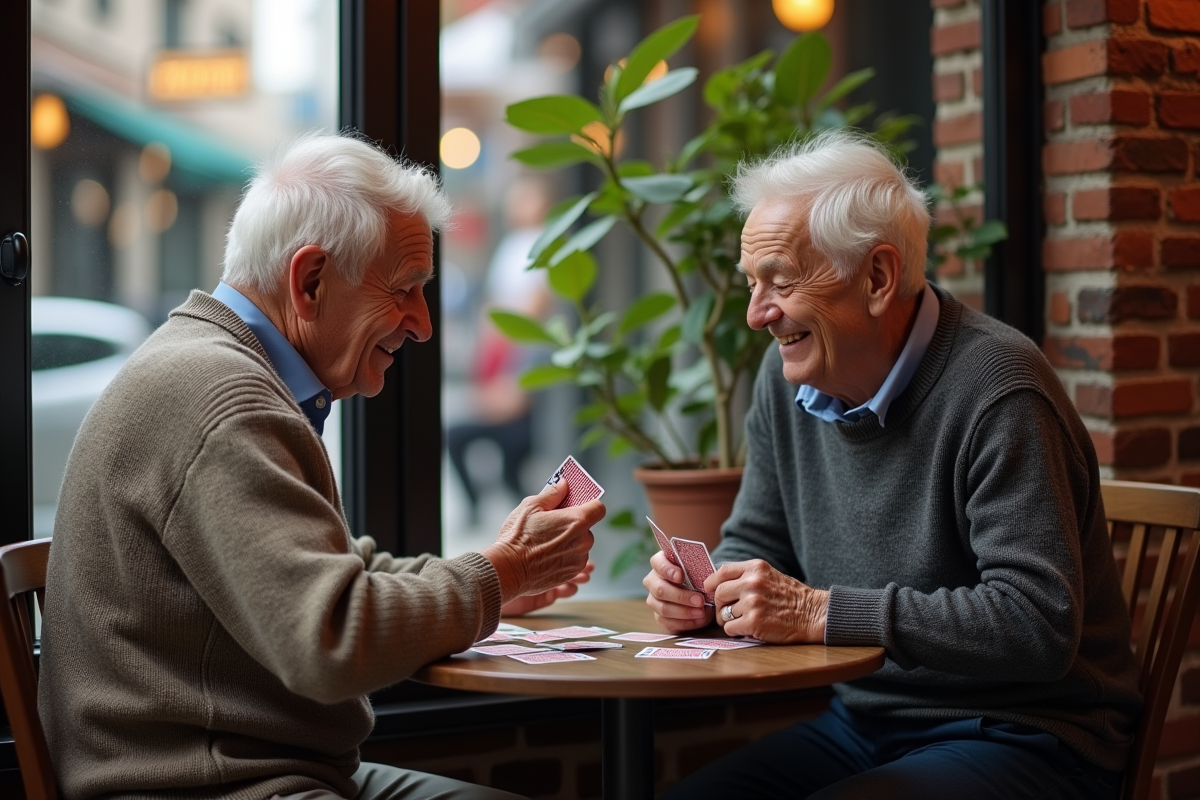 Vieux couple jouant aux cartes dans un café chaleureux
