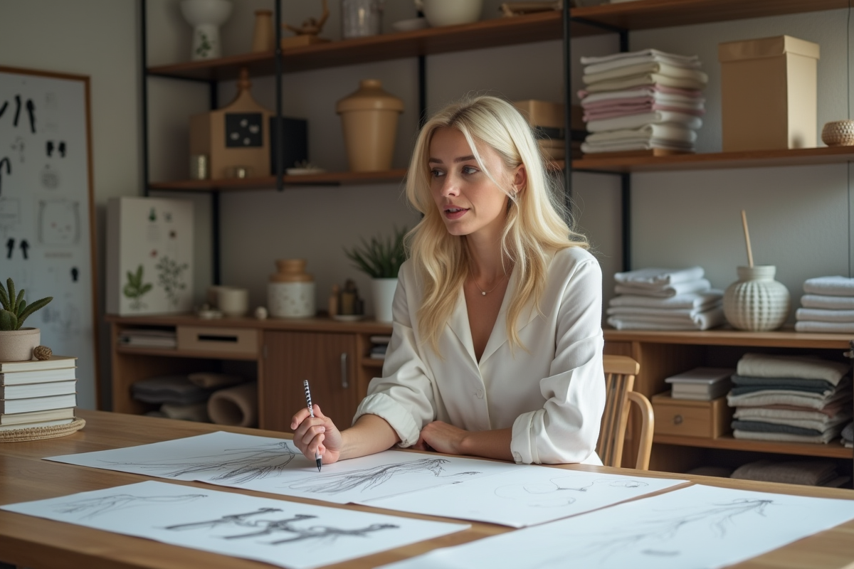 Créatrice de mode examinant des croquis dans son atelier