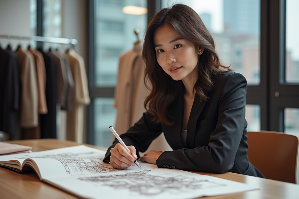 Designer asiatique regardant ses croquis dans son studio créatif