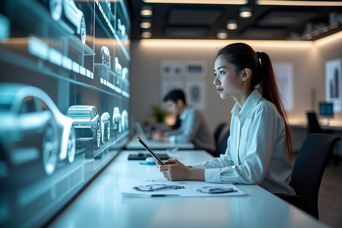 Jeune femme designer avec maquettes de voitures futuristes