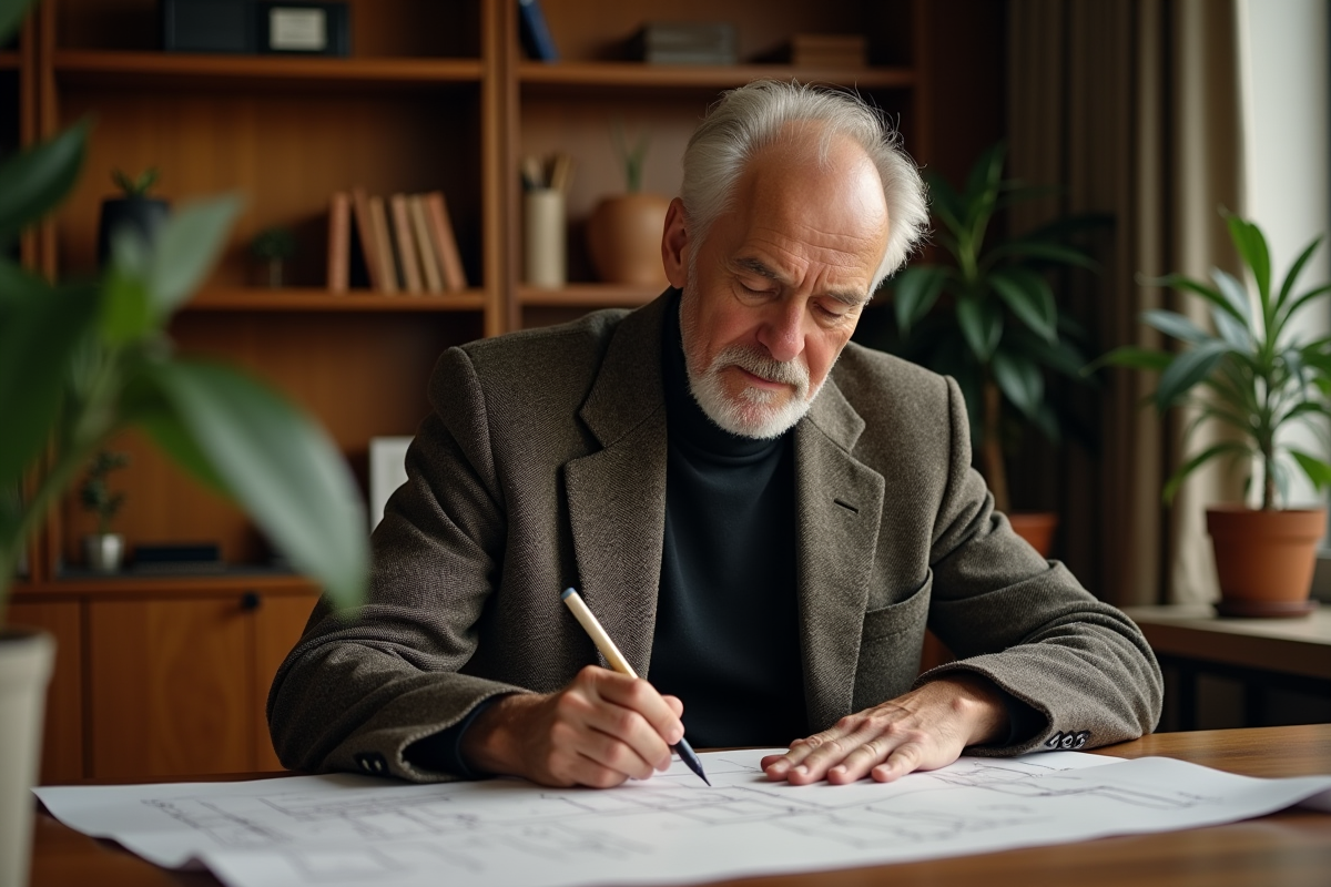 Designer âgé travaillant sur un plan dans un bureau chaleureux