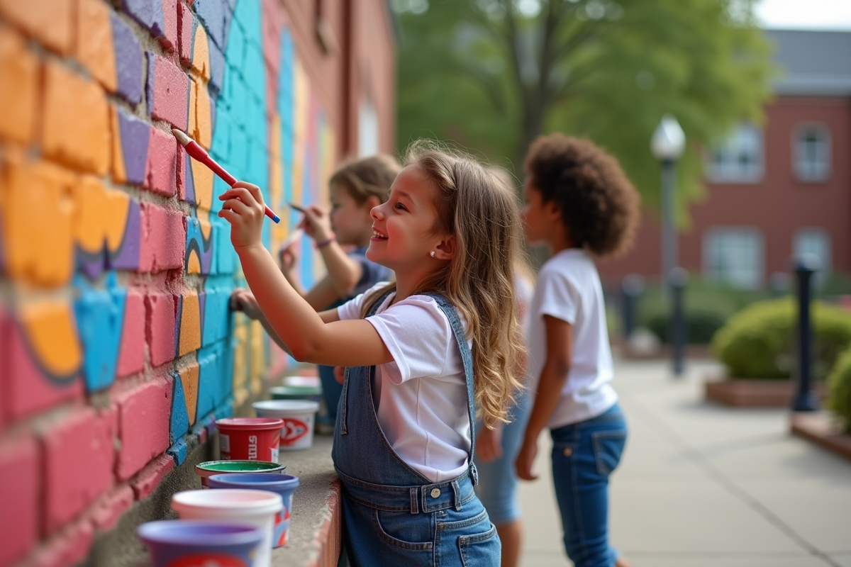 Enfants et adultes peignant une fresque murale dans une cour communautaire