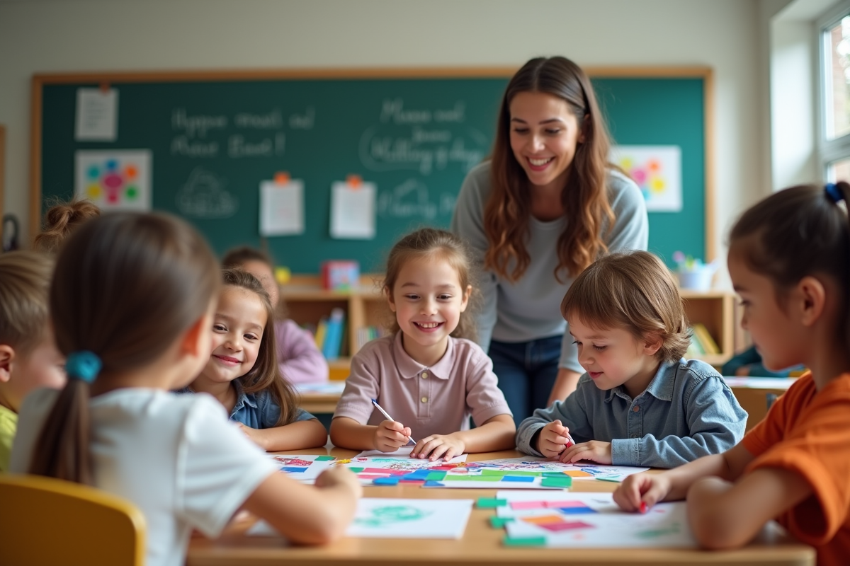 Enfants souriants travaillant sur un projet en classe