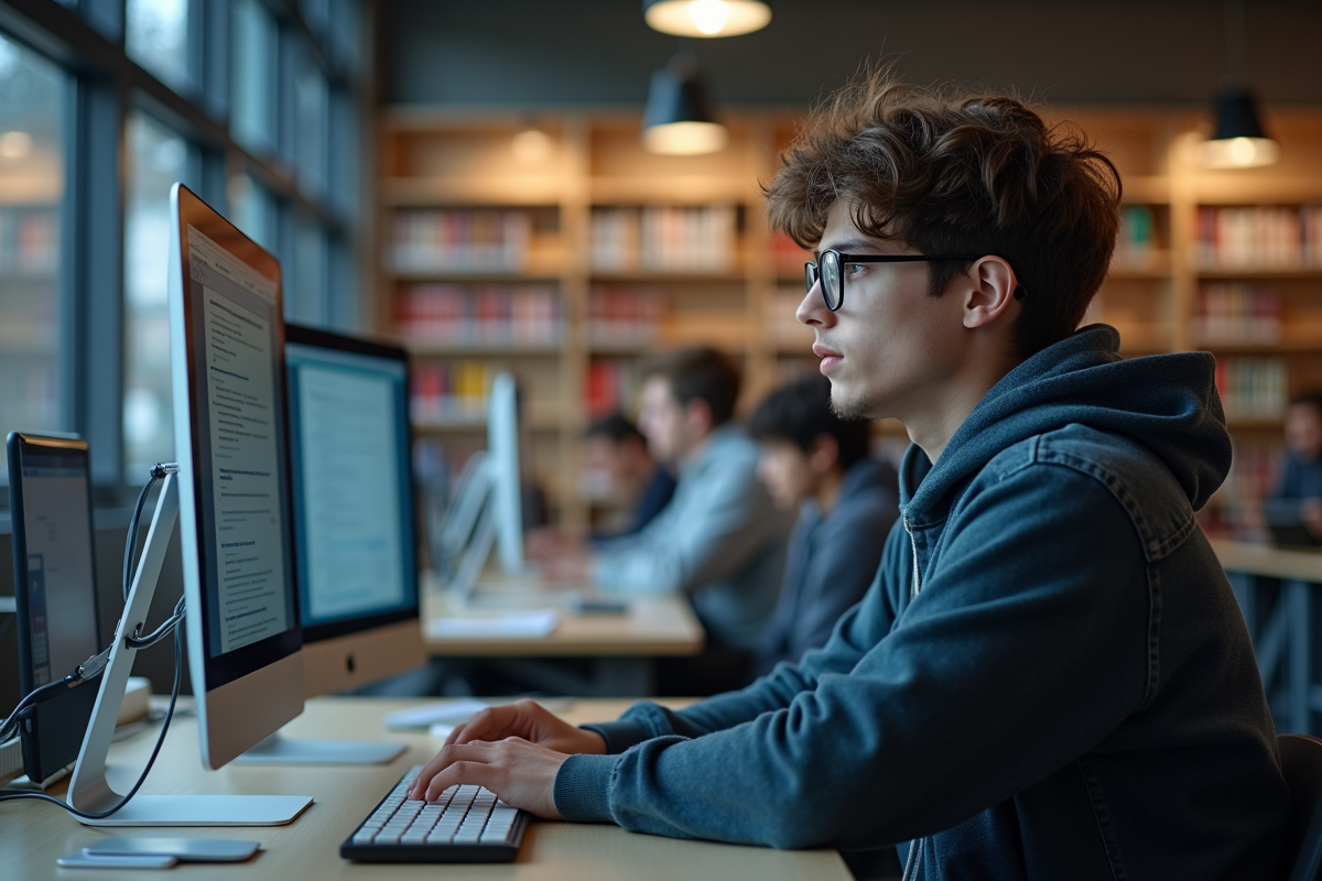 Etudiant étudiant utilisant un ordinateur pour recherche