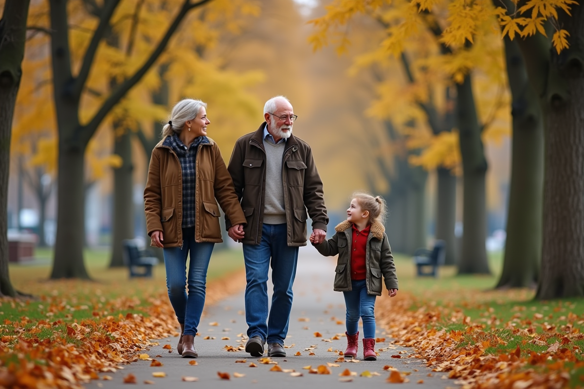 Trois générations se promènent dans un parc automnal