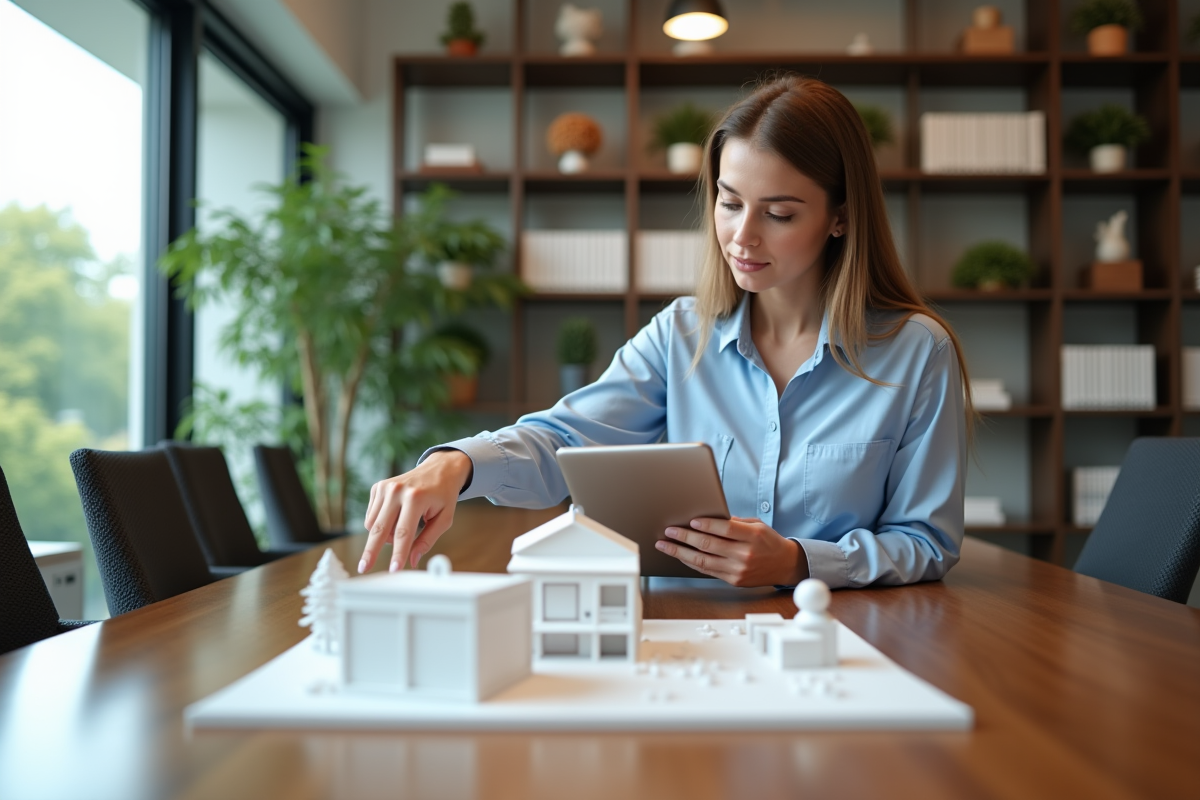 Jeune femme en business casual pointant un modèle architectural