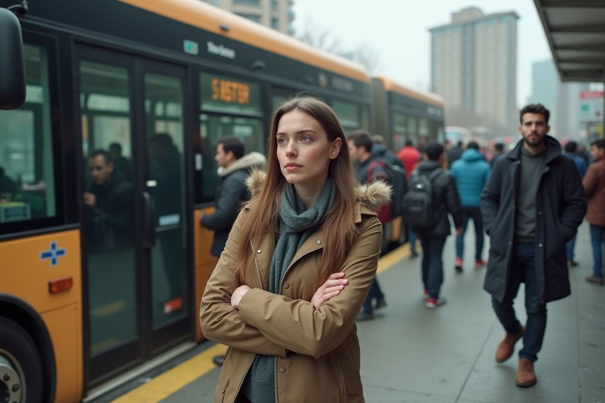 Jeune femme dans la rue attendant le bus au quotidien
