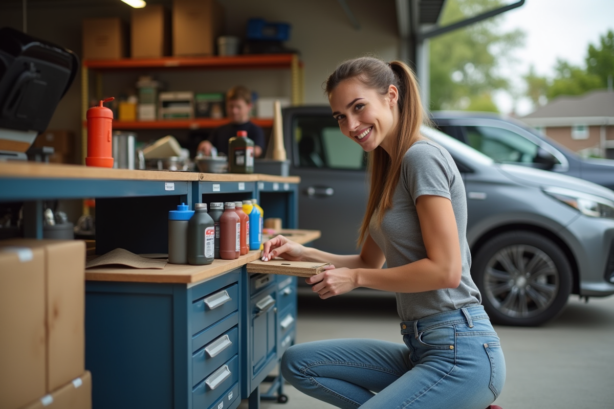 Jeune femme choisit huile dans un garage domestique