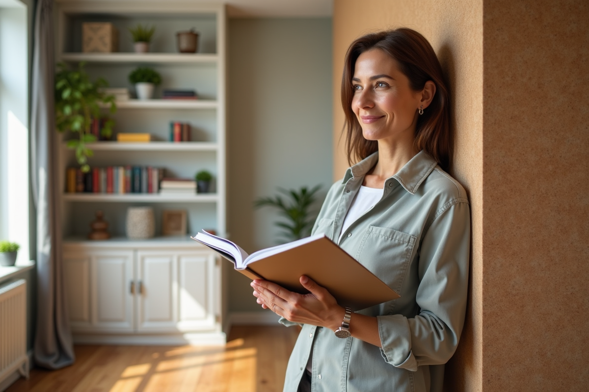 Femme d affaires observant un mur en liège écologique dans un bureau lumineux
