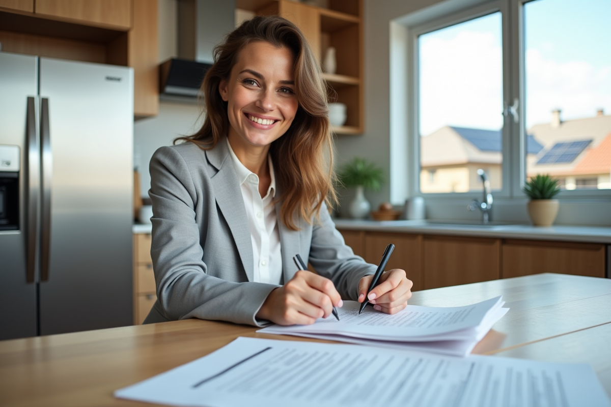 Jeune femme souriante remplissant formulaire solaire à la maison