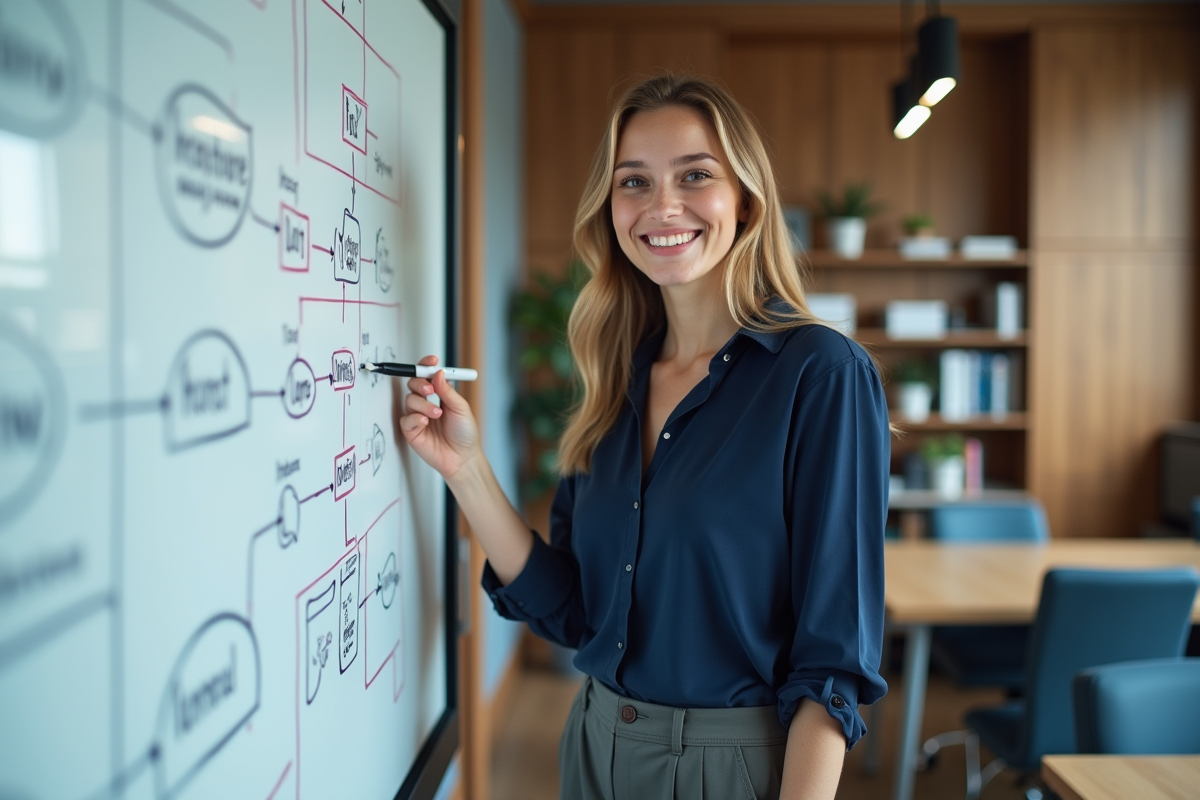 Jeune femme expliquant des diagrammes de cybersécurité en réunion