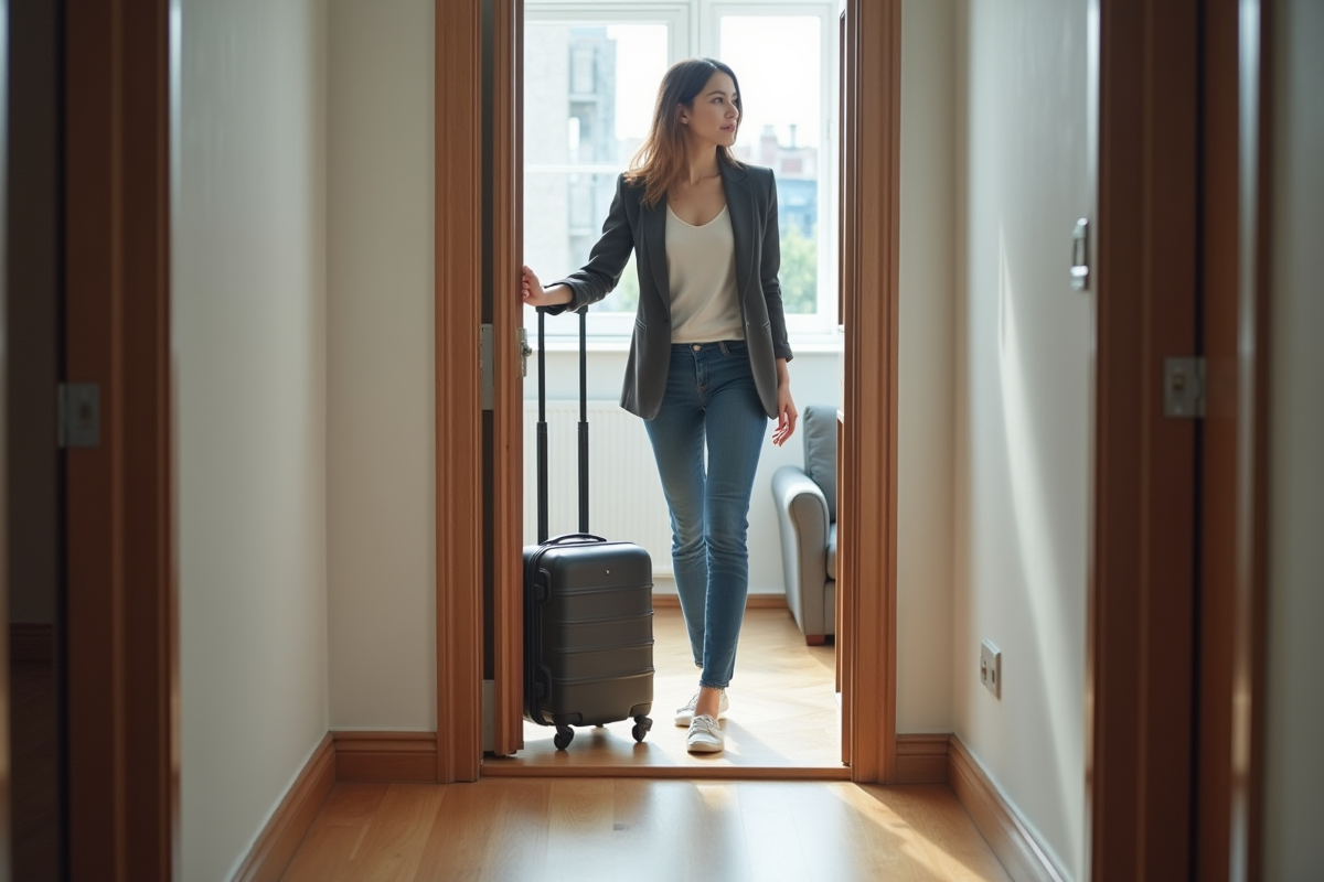 Jeune femme posant sa valise dans un appartement moderne