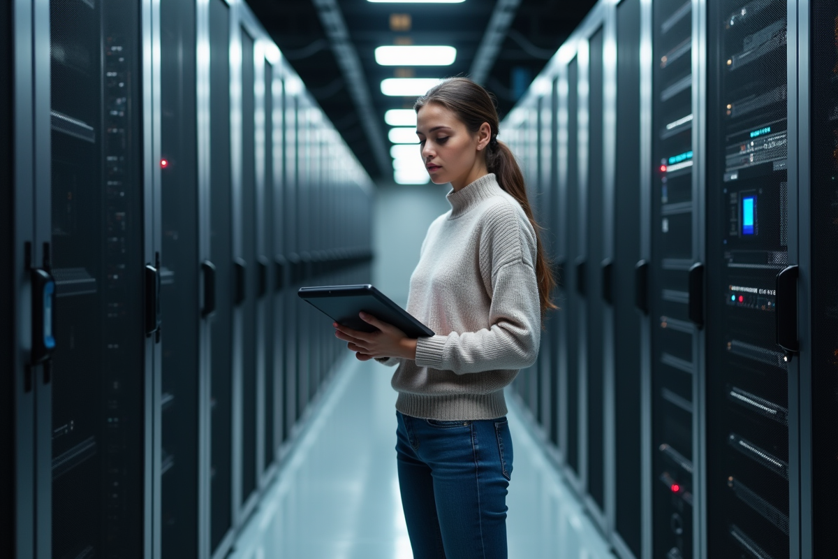 Jeune femme spécialiste IT dans un centre de données