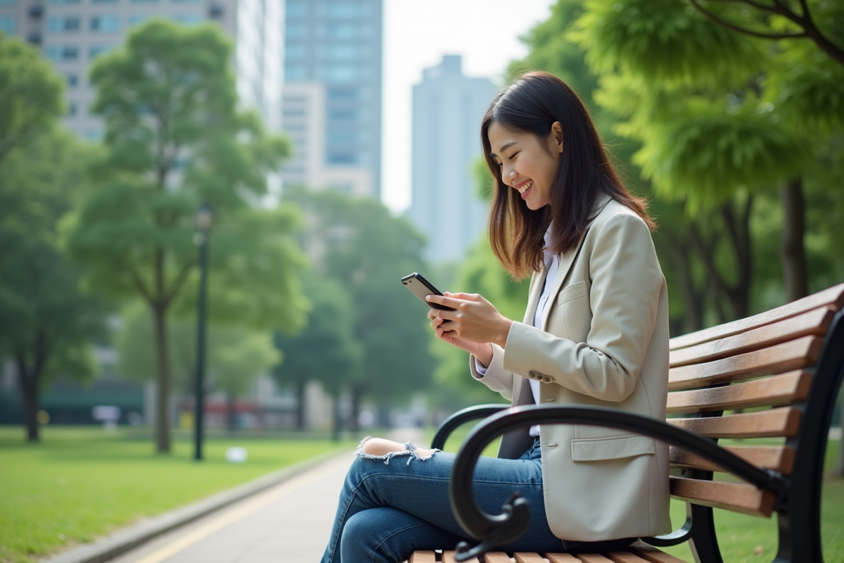 Jeune femme japonaise souriante utilisant un smartphone dans un parc tokyo