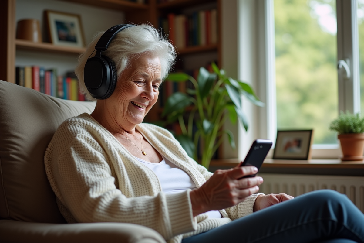 Femme âgée utilisant un smartphone dans un salon cosy