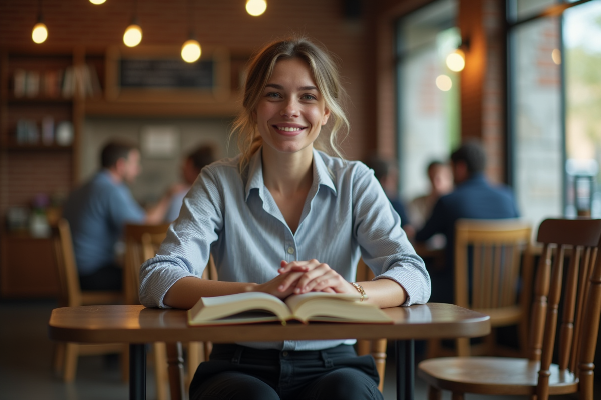 Personne non binaire lisant dans un café moderne
