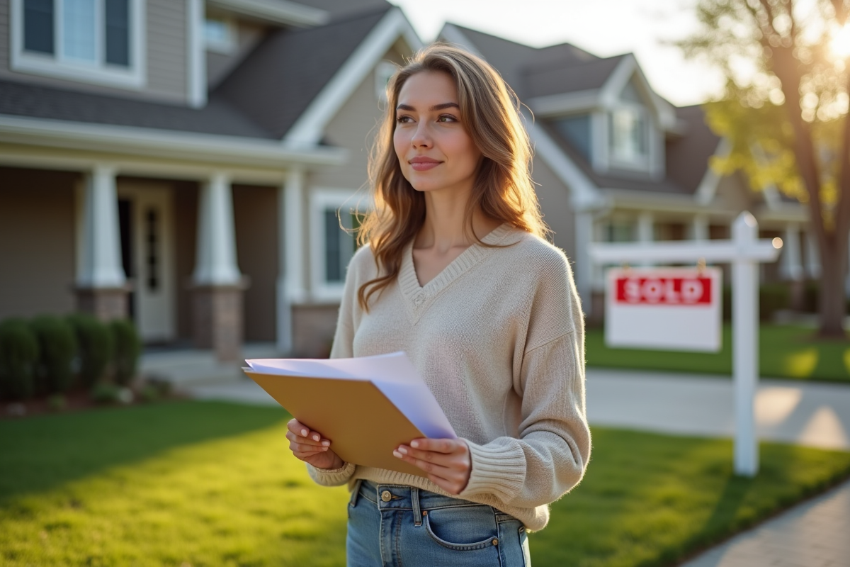 Jeune femme devant maison avec panneau vendu
