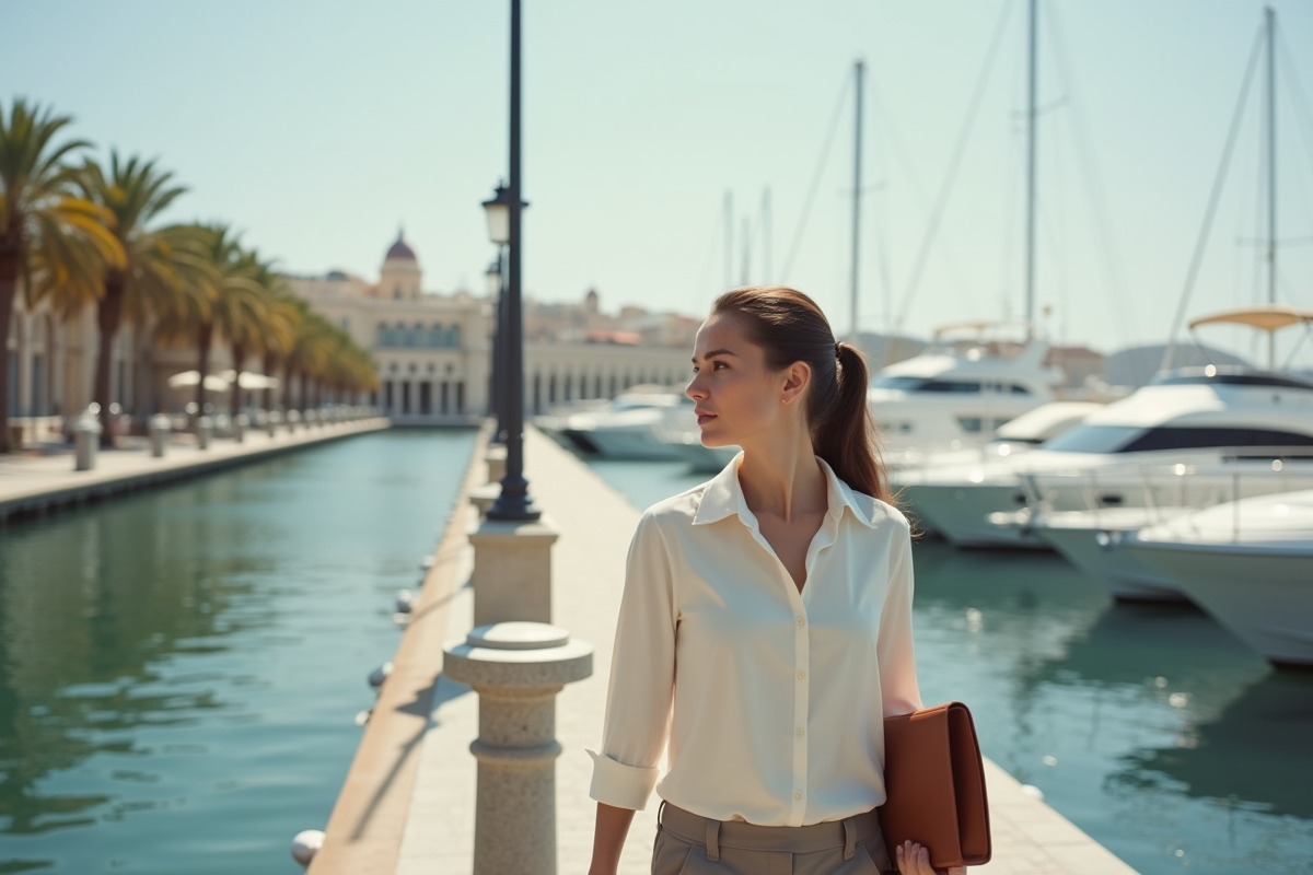 Jeune femme élégante marche au bord de la marina avec voiliers