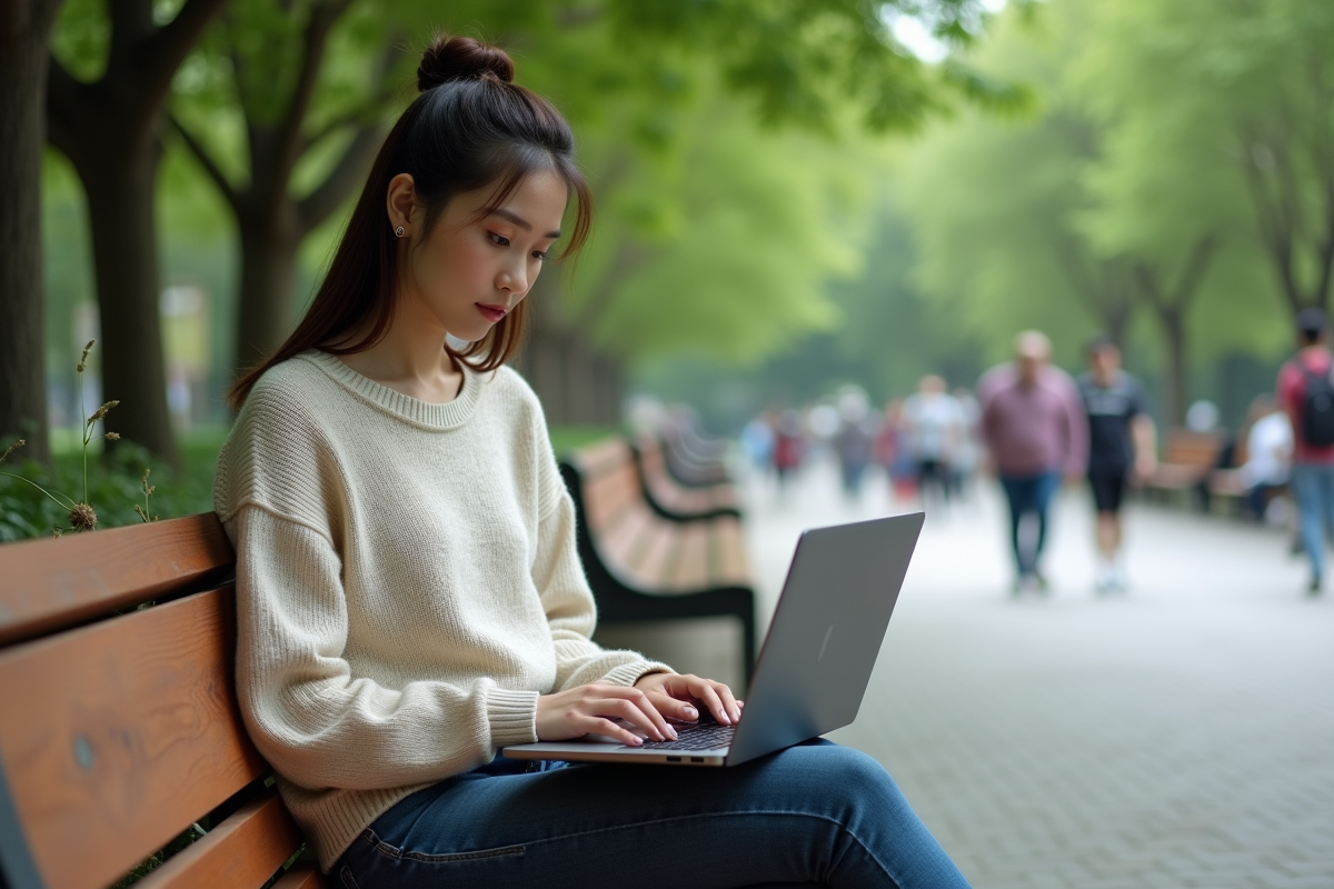 Jeune femme en extérieur utilisant un ordinateur portable sur un banc
