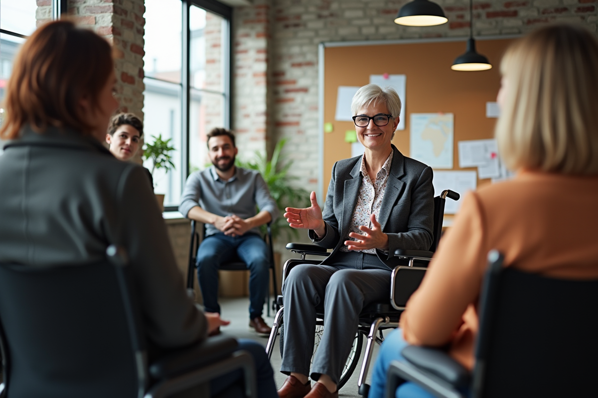 Femme en fauteuil présentant ses idées à ses collègues