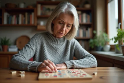 Femme jouant au Scrabble avec des lettres W et Z sur un plateau en bois dans une cuisine chaleureuse