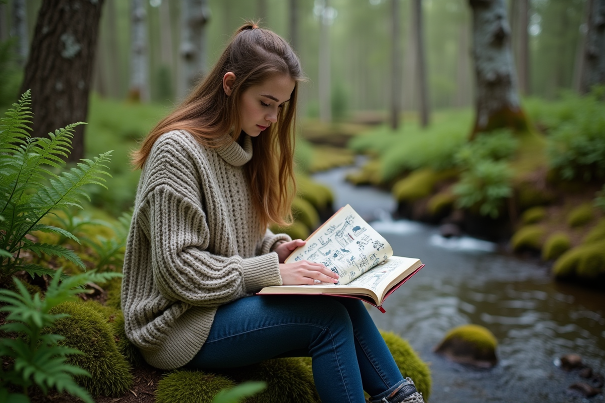 Jeune femme lisant un livre sur la genetique viking en nature