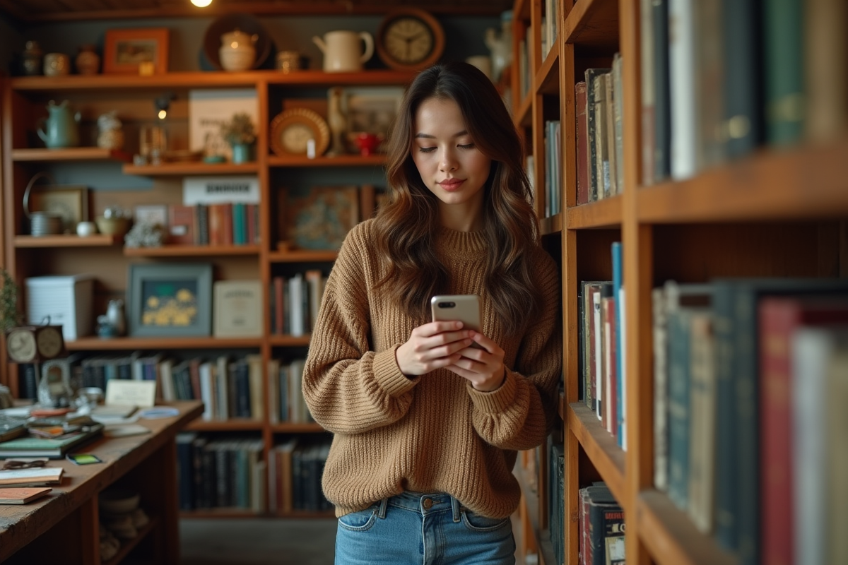 Jeune femme inspectant une bibliothèque vintage en magasin
