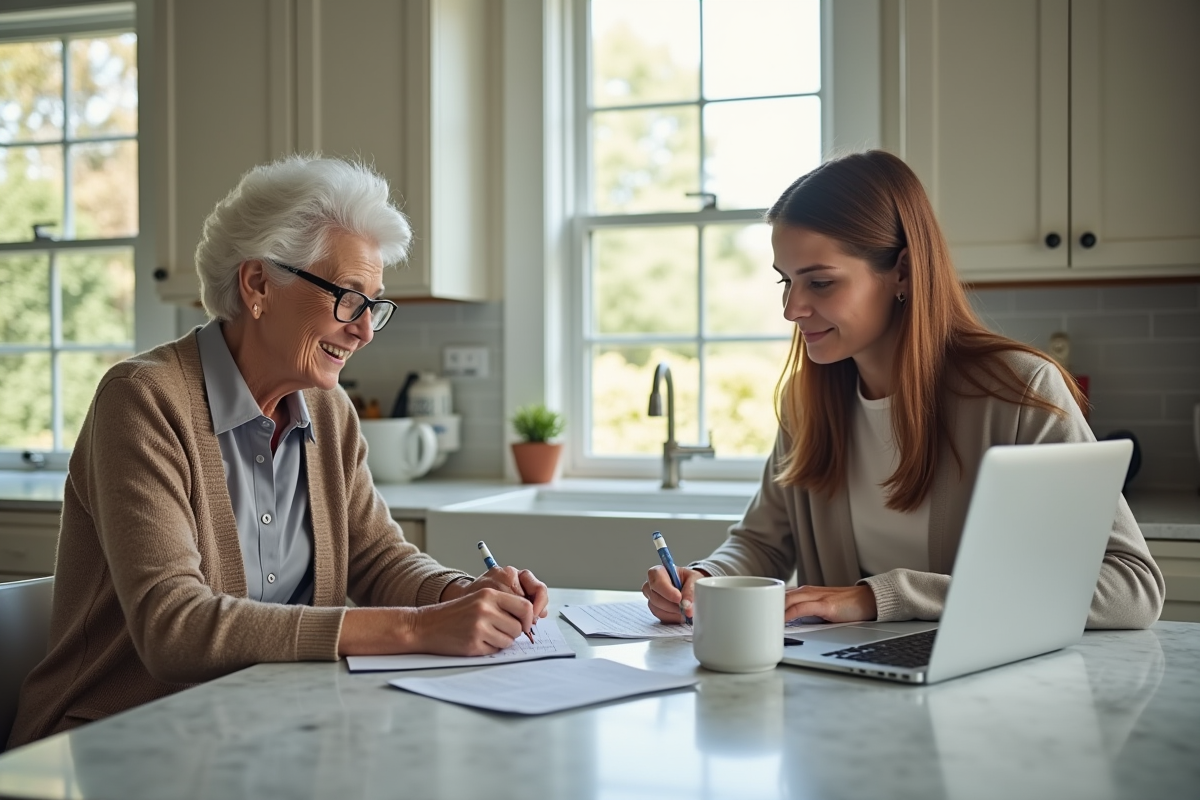 Deux femmes âgées discutant de formulaires fiscaux à la cuisine