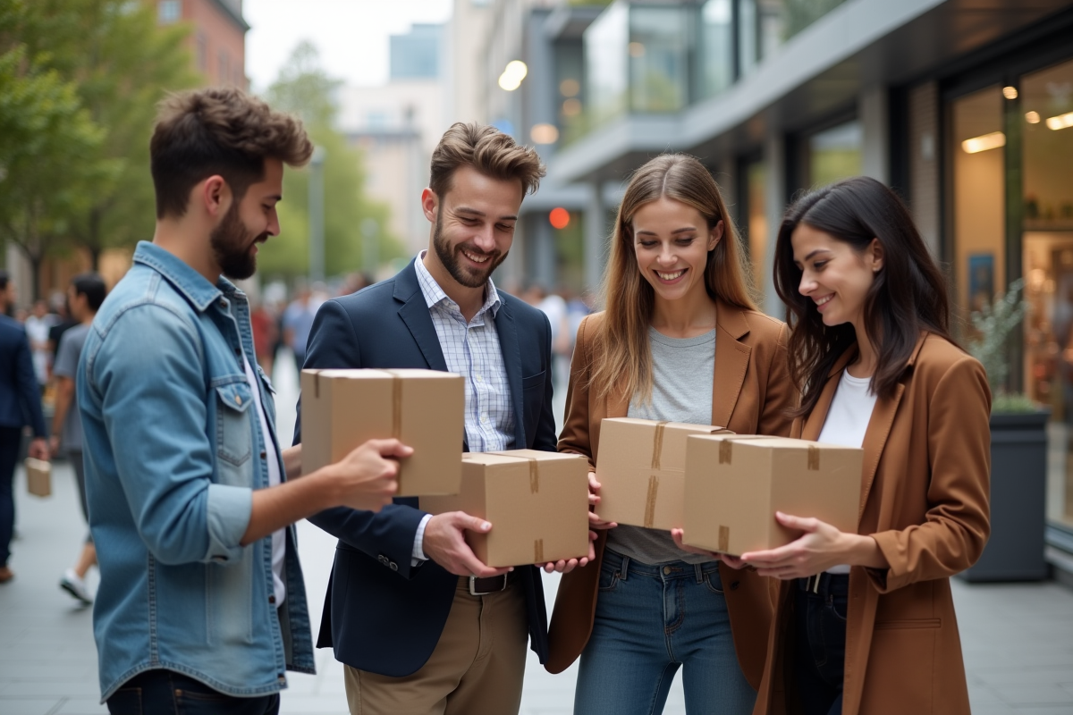 Groupe de jeunes adultes comparant des colis en ville