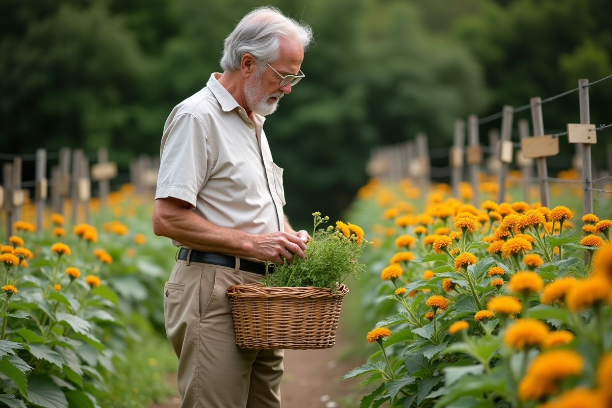 Praticien récoltant des fleurs de calendula dans un jardin d