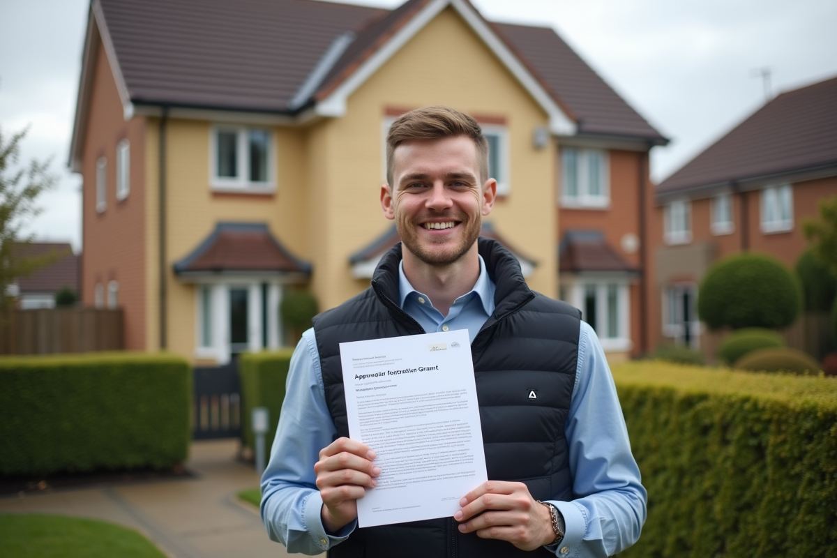Un jeune homme souriant devant une maison en travaux