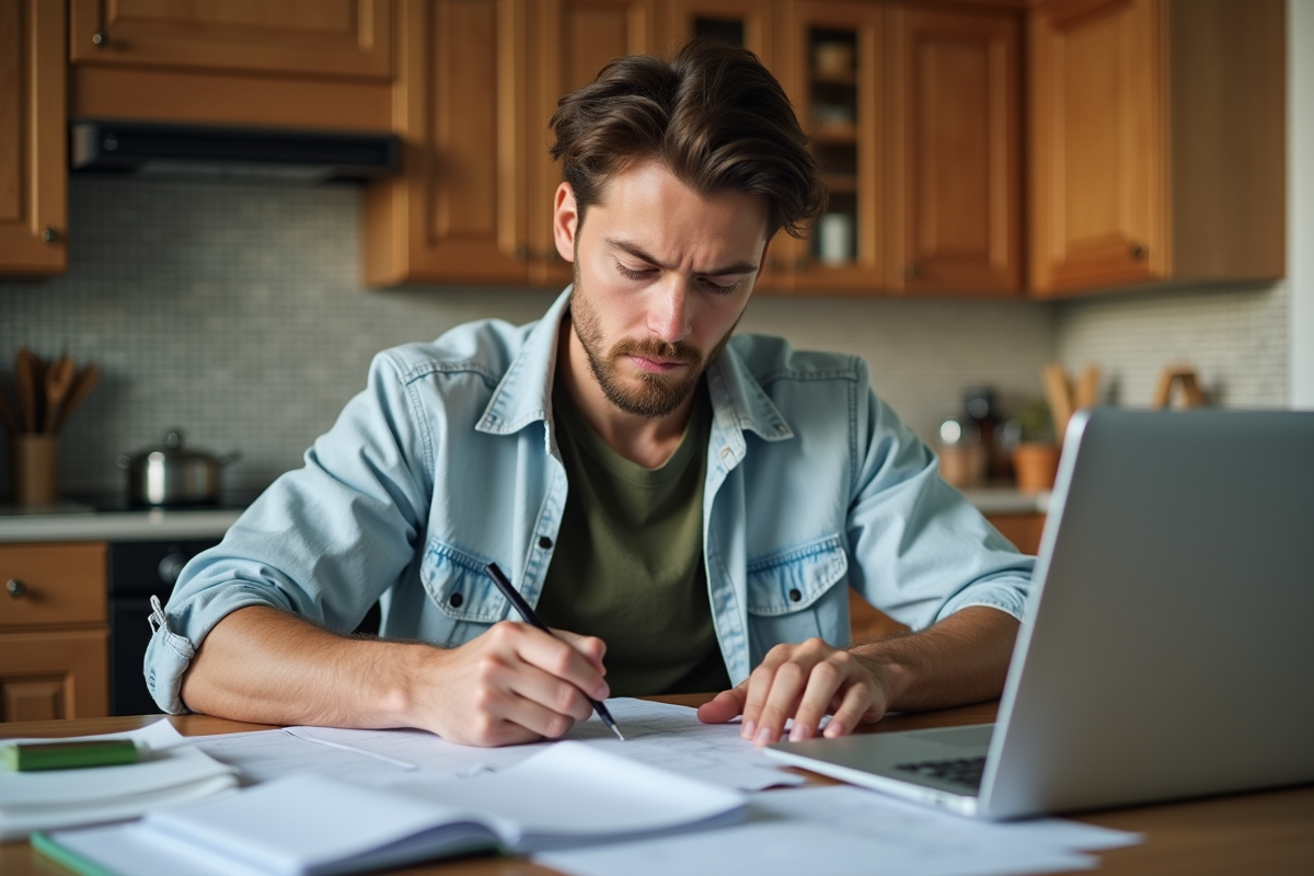 Jeune homme notant ses dépenses dans une cuisine chaleureuse