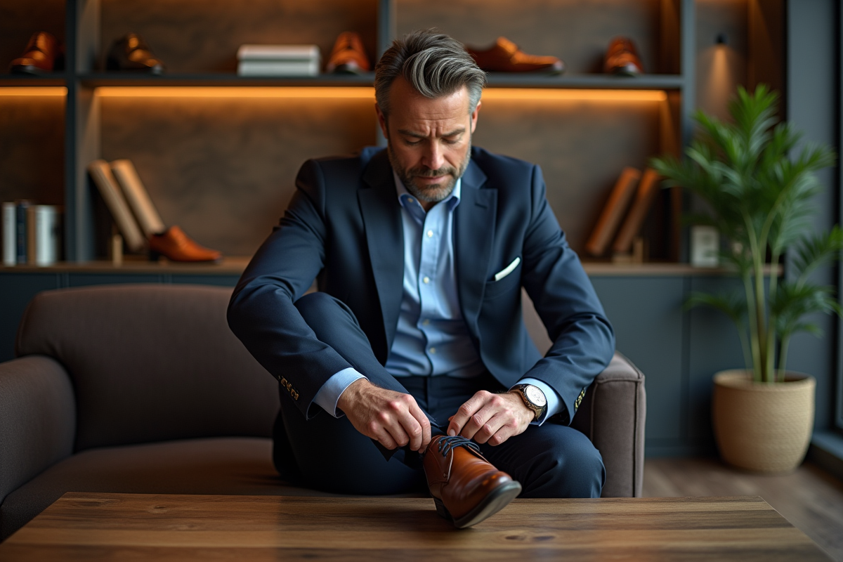Homme en costume ajustant ses chaussures dans une boutique chic