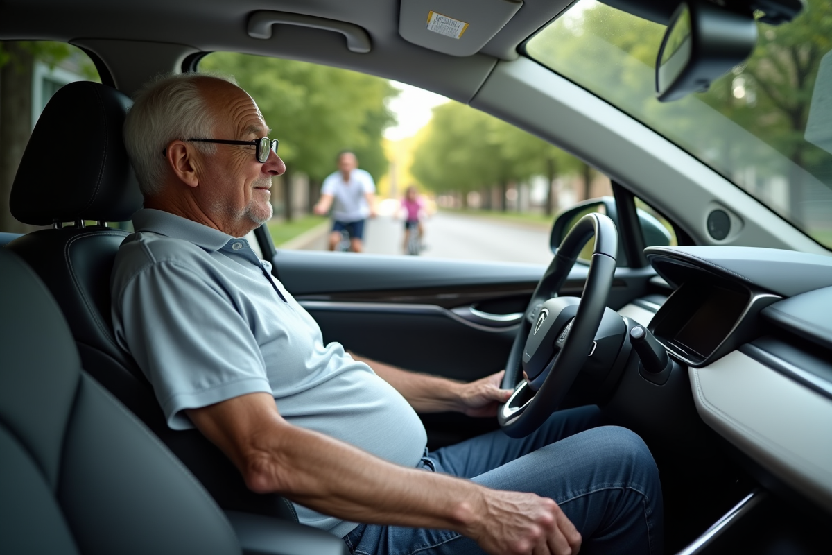 Homme dans une voiture hybride en banlieue calme