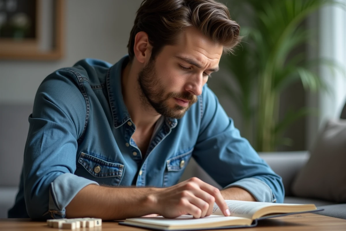 Homme consultant un dictionnaire pour trouver des mots au Scrabble avec les lettres W et Z