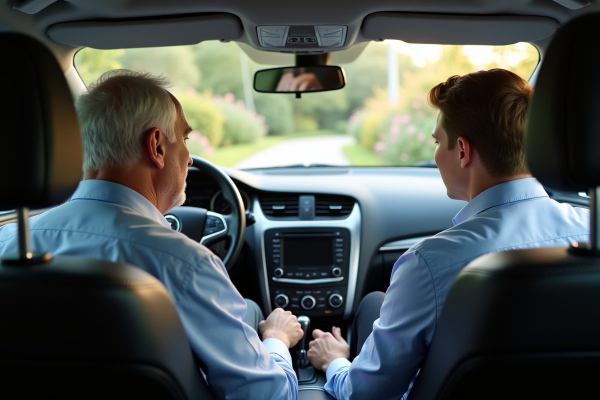 Homme expliquant le levier de vitesse à un adolescent dans une voiture