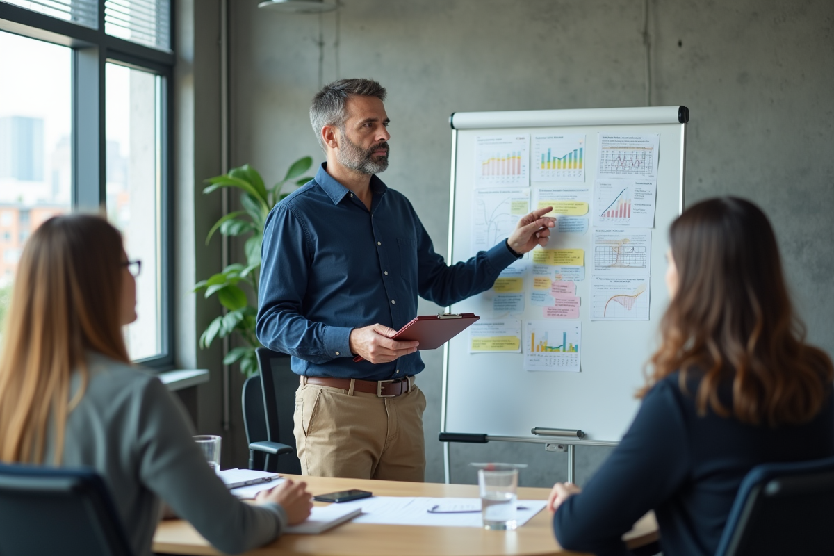 Homme expliquant des métriques à ses collègues dans une salle de réunion