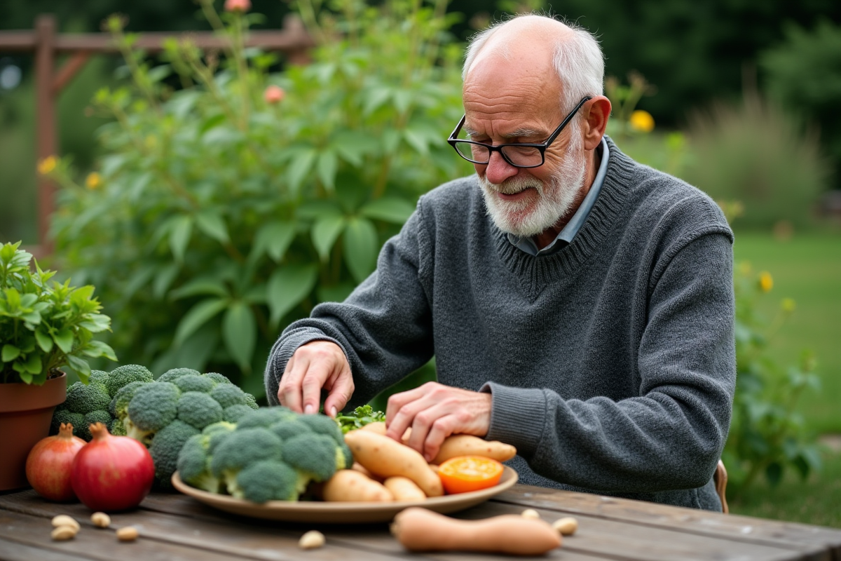 Homme âgé dans le jardin avec des superaliments frais