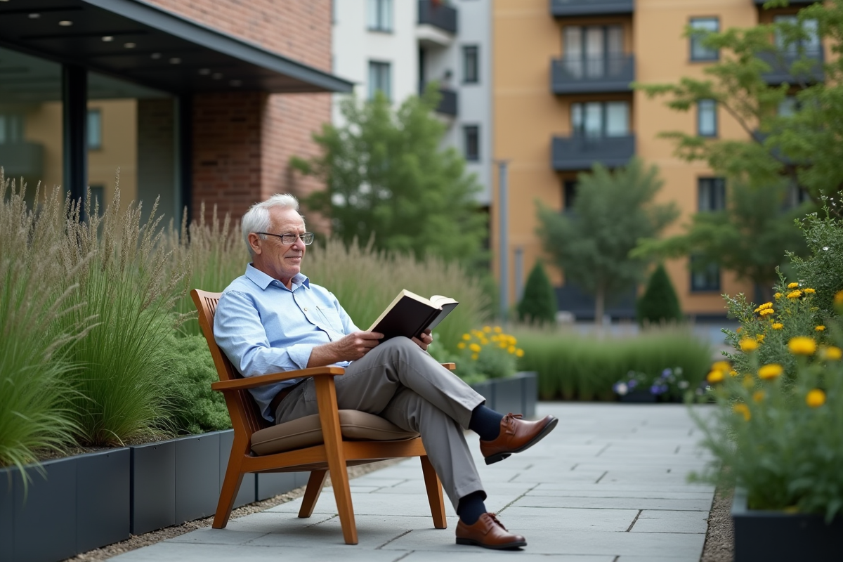 Homme âgé lisant dans un jardin urbain paisible