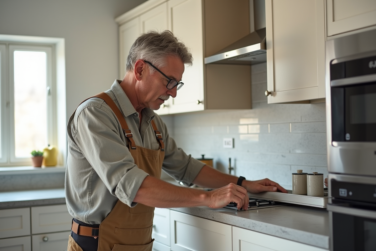 Homme mesurant un fileur dans une cuisine moderne