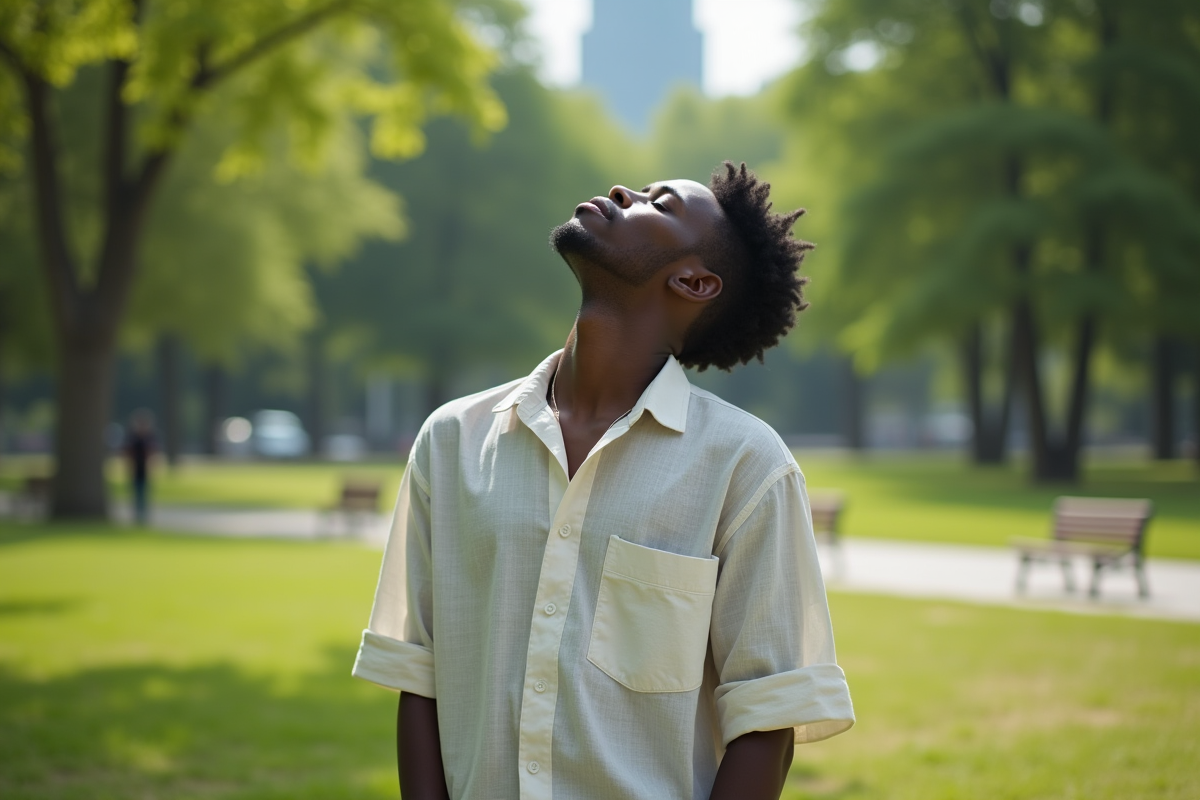 Jeune homme noir respirant en plein air dans un parc urbain