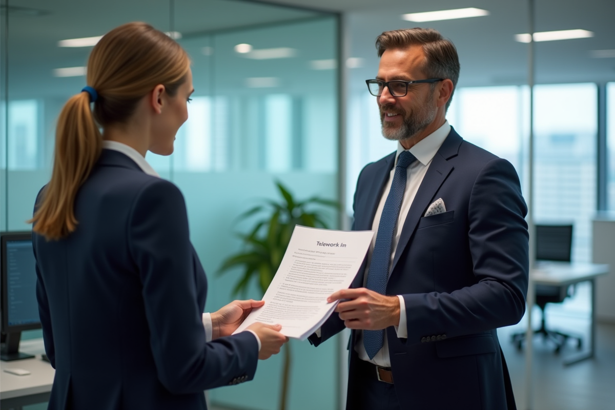 Homme en costume remettant un formulaire de teletravail